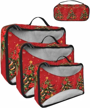 Winter Green Xmas Tree Ornament 4 Set Packing Cubes, Poinsettia Sparrow Snowflake Red Packing Cubes for Carry on Suitcase Travel Essential Bag for Clothes Shoes Cosmetics Toiletry