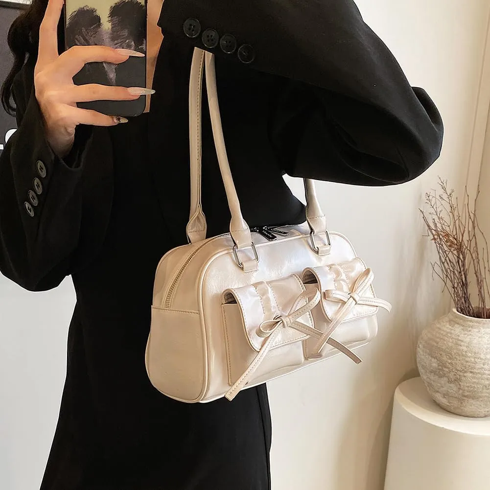 Women Fashion Shoulder Bag Double Pockets PU Leather Casual Armpit Bag with Bow Simple Shopping Bag Solid Color fo