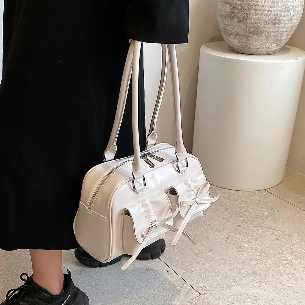 Women Fashion Shoulder Bag Double Pockets PU Leather Casual Armpit Bag with Bow Simple Shopping Bag Solid Color fo