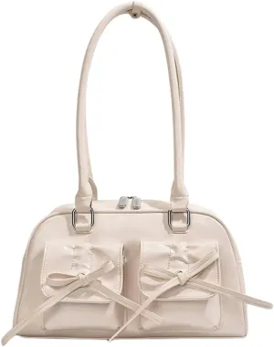 Women Fashion Shoulder Bag Double Pockets PU Leather Casual Armpit Bag with Bow Simple Shopping Bag Solid Color fo