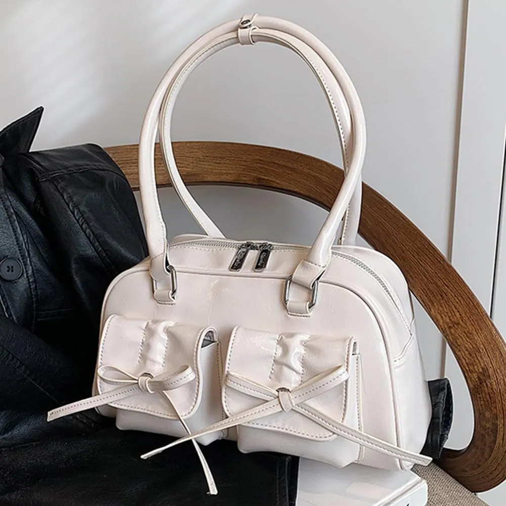 Women Fashion Shoulder Bag Double Pockets PU Leather Casual Armpit Bag with Bow Simple Shopping Bag Solid Color fo