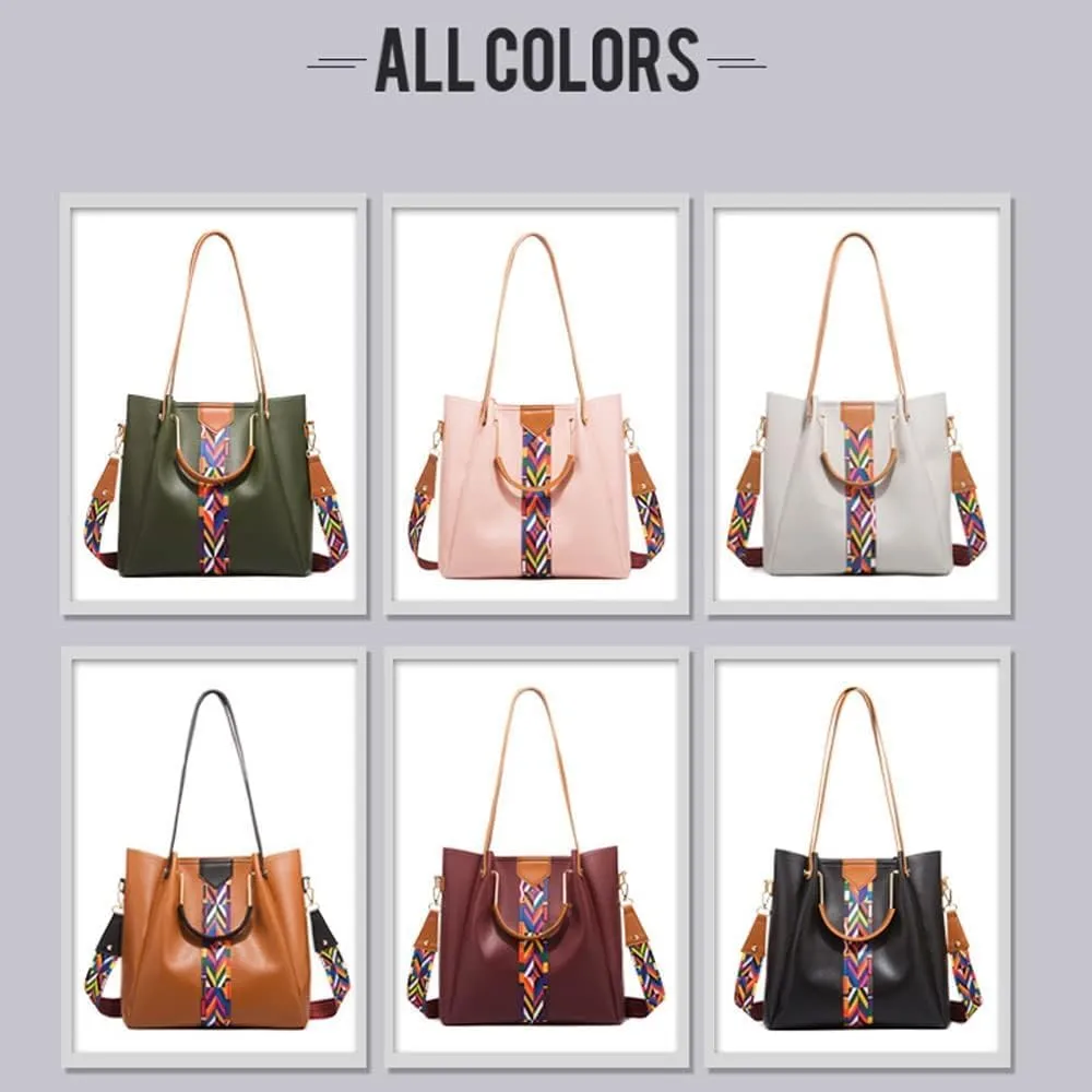 Women Handbags Sets Vegan Leather Purses Color Woven Tape Tote Bags Shoulder Crossbody Bag