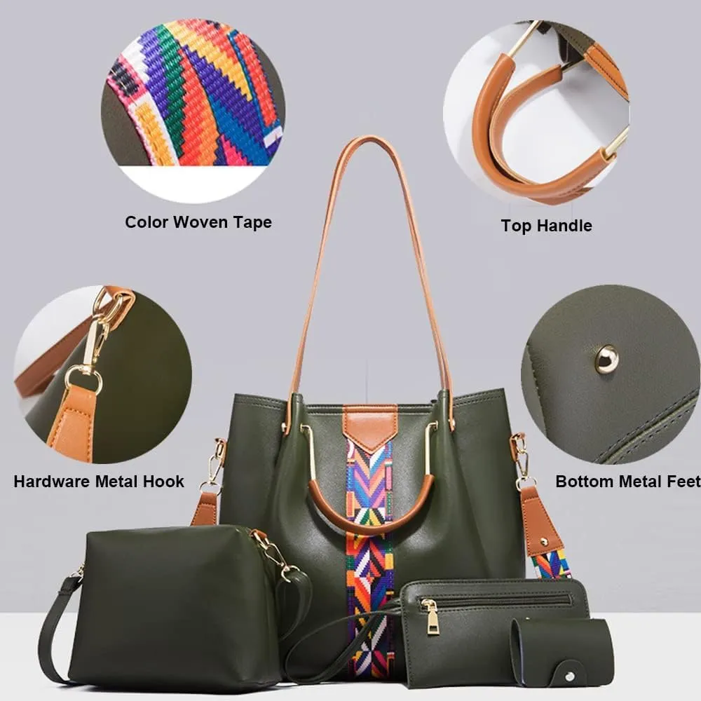 Women Handbags Sets Vegan Leather Purses Color Woven Tape Tote Bags Shoulder Crossbody Bag