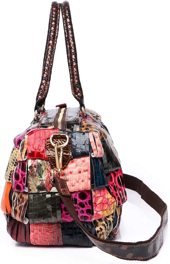 Women Multicolor Genuine Leather Boston Tote Bag Colorful Handbag Crossbody Bags