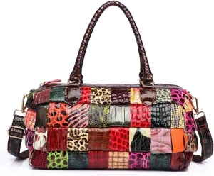Women Multicolor Genuine Leather Boston Tote Bag Colorful Handbag Crossbody Bags