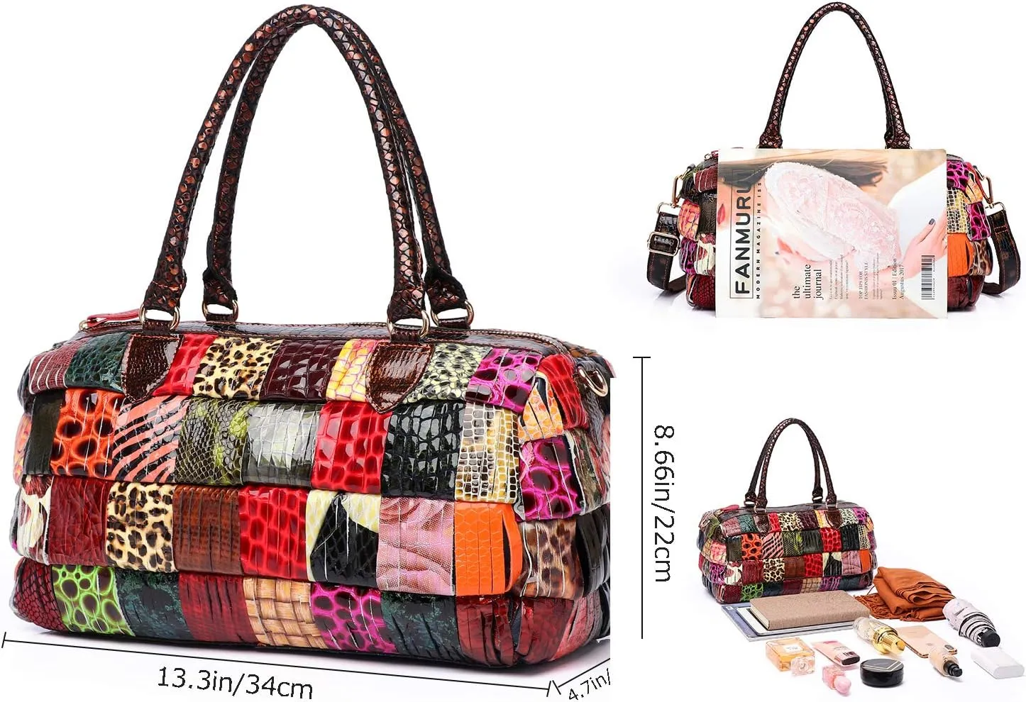 Women Multicolor Genuine Leather Boston Tote Bag Colorful Handbag Crossbody Bags
