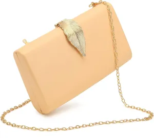 Women's Fashion Evening Bags with Golden Leaves Crossbody Shoulder Handbag Chain Removable
