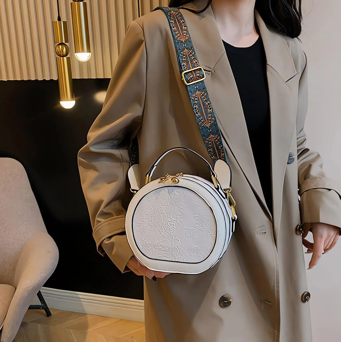 Women's Retro Flower Printing Handbags and Crossbody Bags,Female Purses Quilted Versatile Round Bags Satchel Bags
