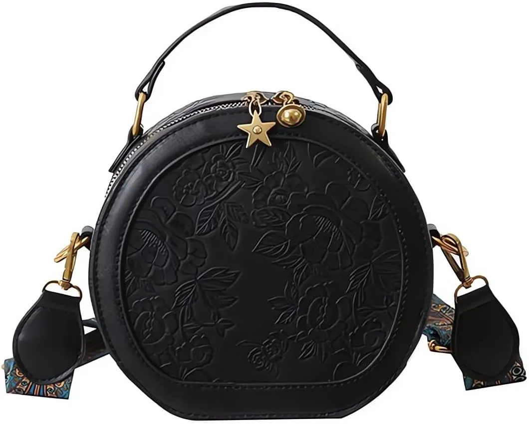 Women's Retro Flower Printing Handbags and Crossbody Bags,Female Purses Quilted Versatile Round Bags Satchel Bags