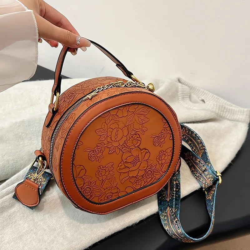 Women's Retro Flower Printing Handbags and Crossbody Bags,Female Purses Quilted Versatile Round Bags Satchel Bags