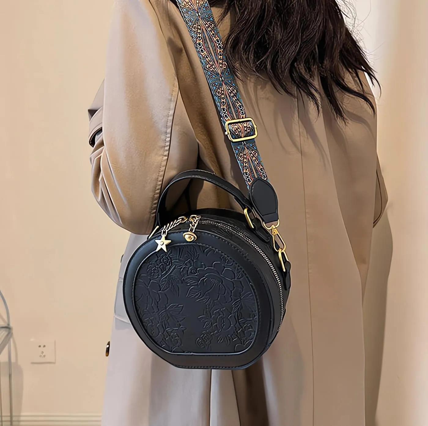 Women's Retro Flower Printing Handbags and Crossbody Bags,Female Purses Quilted Versatile Round Bags Satchel Bags