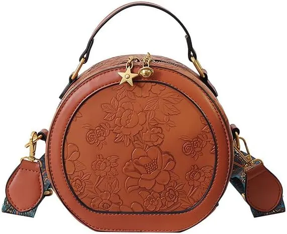 Women's Retro Flower Printing Handbags and Crossbody Bags,Female Purses Quilted Versatile Round Bags Satchel Bags