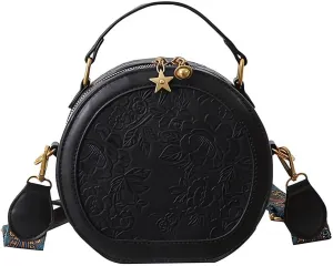 Women's Retro Flower Printing Handbags and Crossbody Bags,Female Purses Quilted Versatile Round Bags Satchel Bags