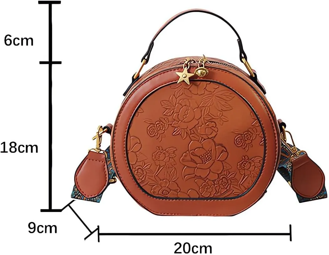 Women's Retro Flower Printing Handbags and Crossbody Bags,Female Purses Quilted Versatile Round Bags Satchel Bags