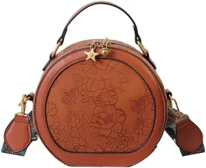 Women's Retro Flower Printing Handbags and Crossbody Bags,Female Purses Quilted Versatile Round Bags Satchel Bags