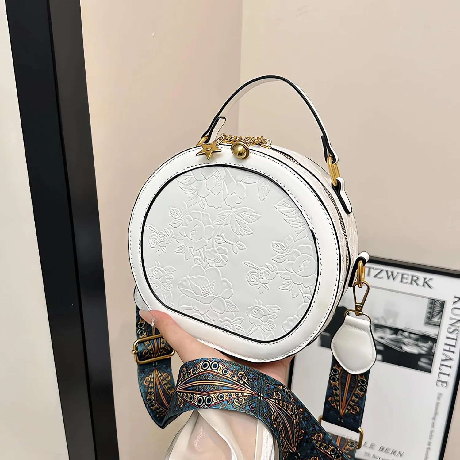 Women's Retro Flower Printing Handbags and Crossbody Bags,Female Purses Quilted Versatile Round Bags Satchel Bags