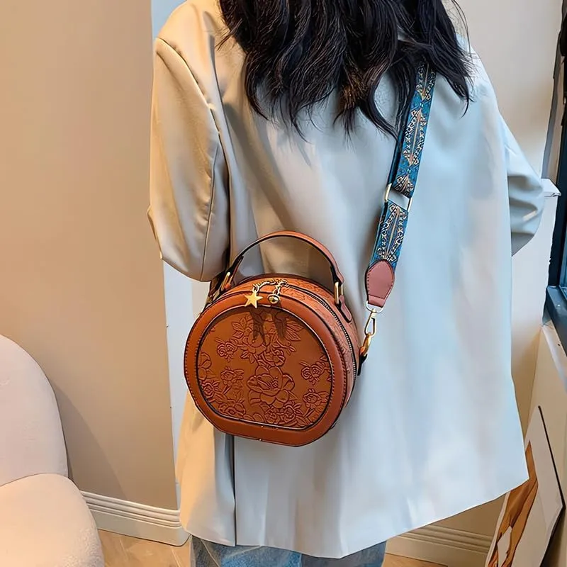 Women's Retro Flower Printing Handbags and Crossbody Bags,Female Purses Quilted Versatile Round Bags Satchel Bags