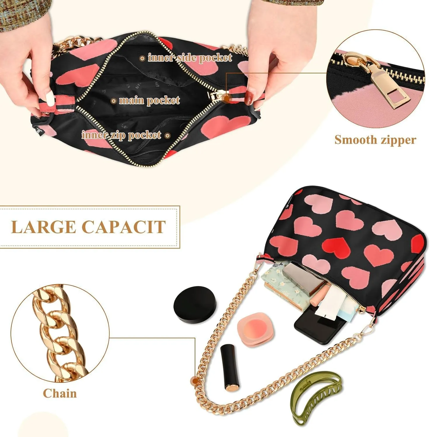 Womens Shoulder Bag for Women Girls Hobo Tote Handbag Gold Chain Crossbody Bag with Zipper Clutch Purse Handbags