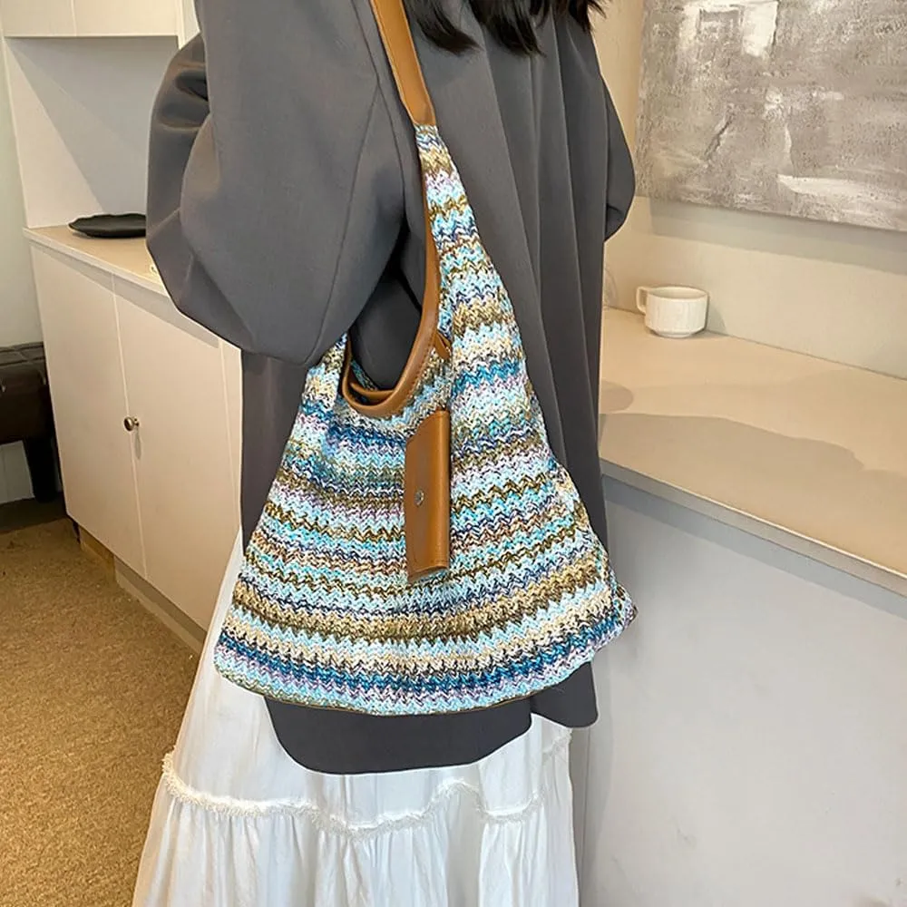 Women's Woven Beach Shoulder Handbag Colorful Straw Tote Bag Summer Vacation Crossbody Bag
