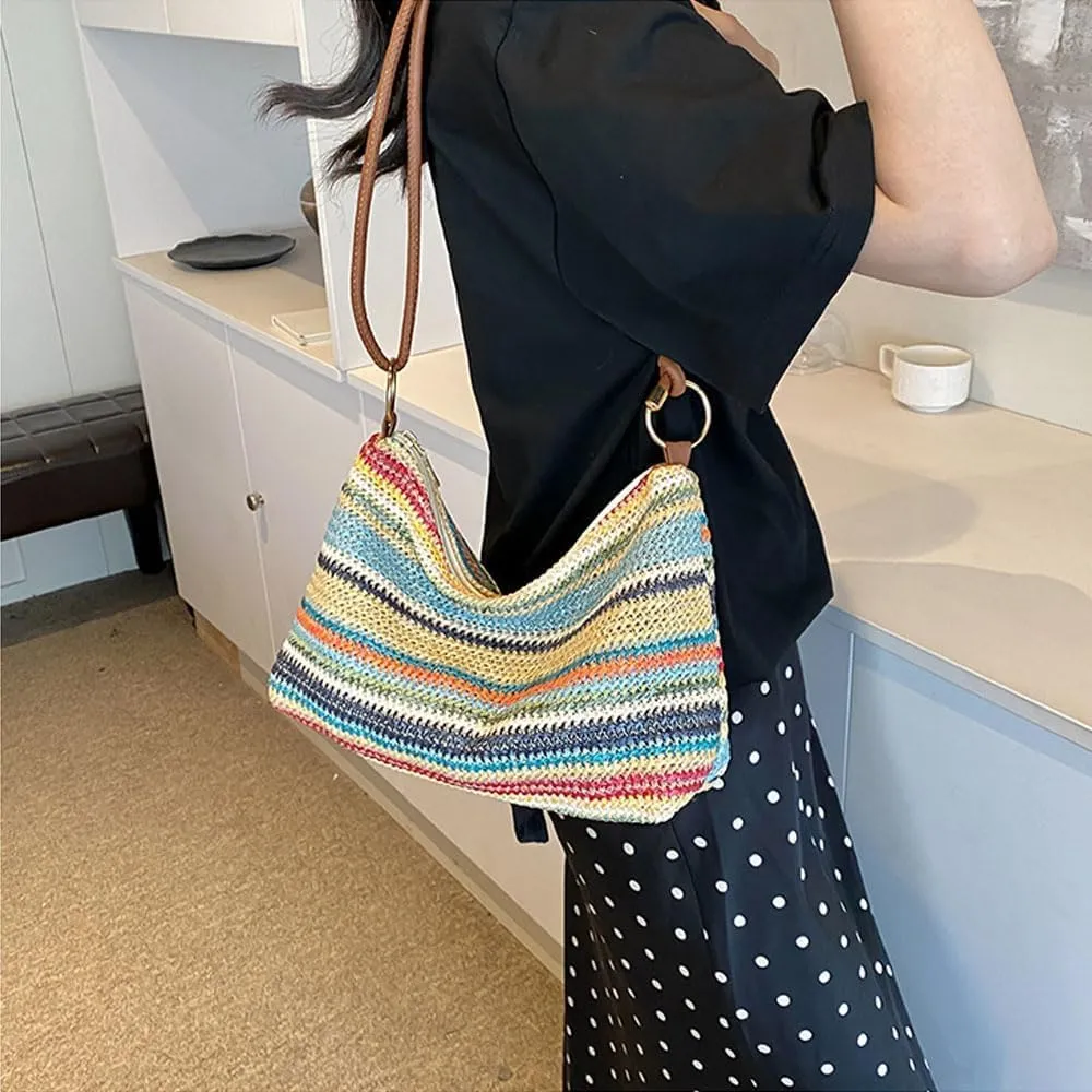 Women's Woven Beach Shoulder Handbag Colorful Straw Tote Bag Summer Vacation Crossbody Bag