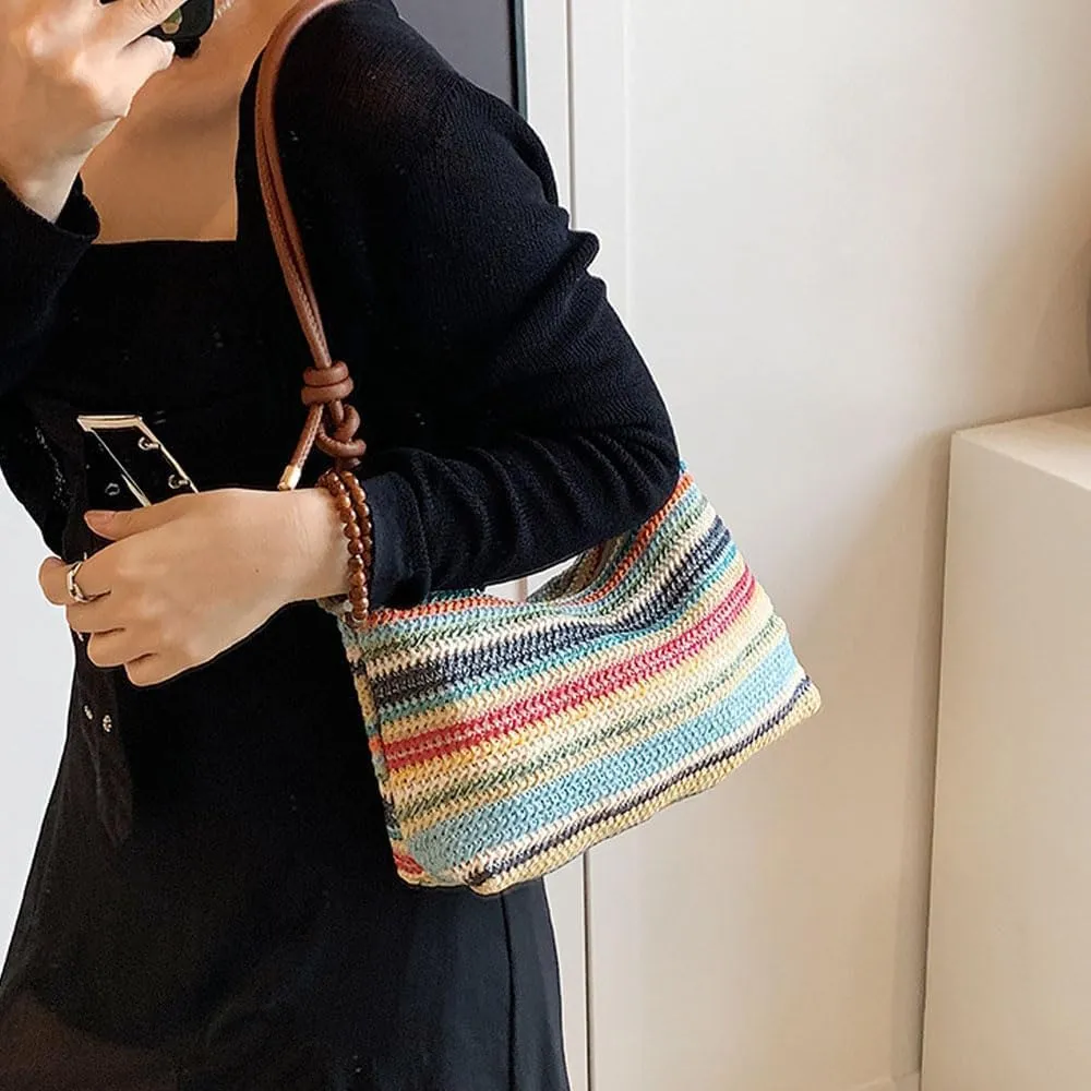 Women's Woven Beach Shoulder Handbag Colorful Straw Tote Bag Summer Vacation Crossbody Bag