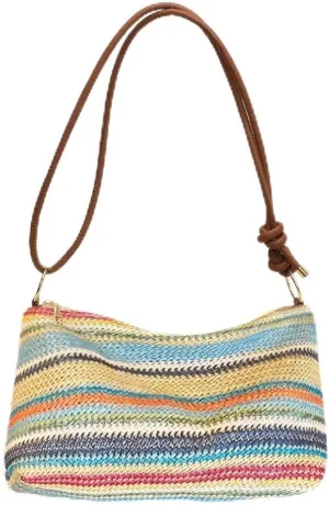 Women's Woven Beach Shoulder Handbag Colorful Straw Tote Bag Summer Vacation Crossbody Bag