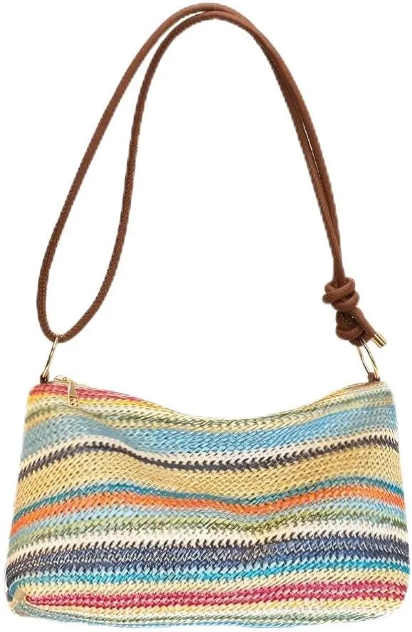 Women's Woven Beach Shoulder Handbag Colorful Straw Tote Bag Summer Vacation Crossbody Bag