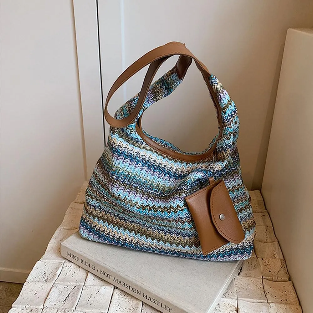 Women's Woven Beach Shoulder Handbag Colorful Straw Tote Bag Summer Vacation Crossbody Bag