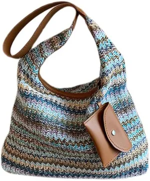Women's Woven Beach Shoulder Handbag Colorful Straw Tote Bag Summer Vacation Crossbody Bag