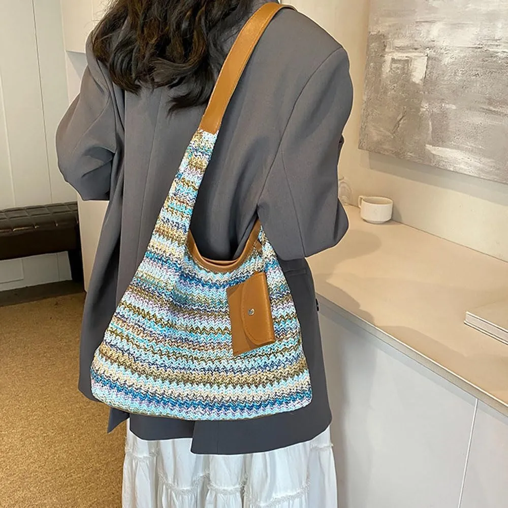 Women's Woven Beach Shoulder Handbag Colorful Straw Tote Bag Summer Vacation Crossbody Bag