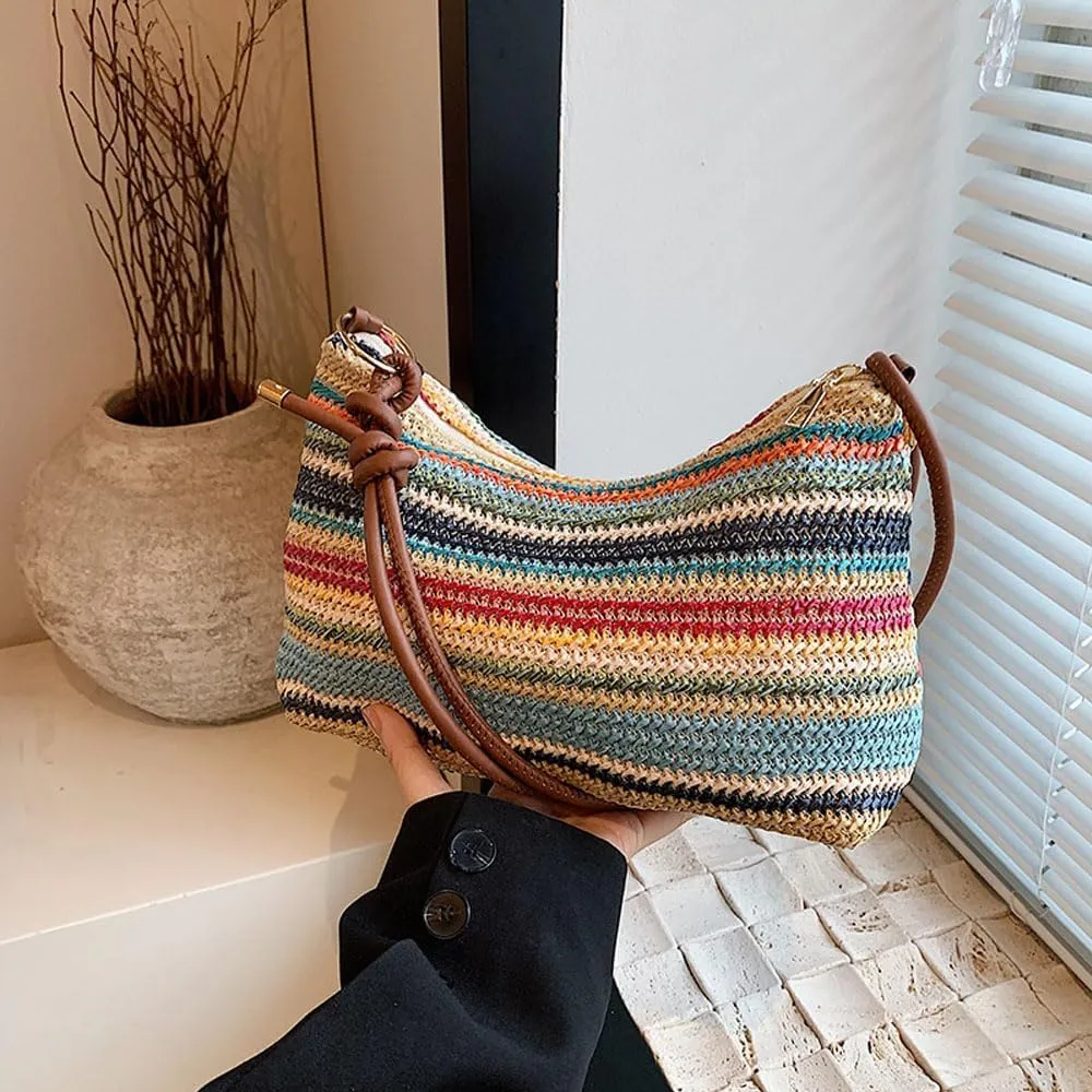Women's Woven Beach Shoulder Handbag Colorful Straw Tote Bag Summer Vacation Crossbody Bag