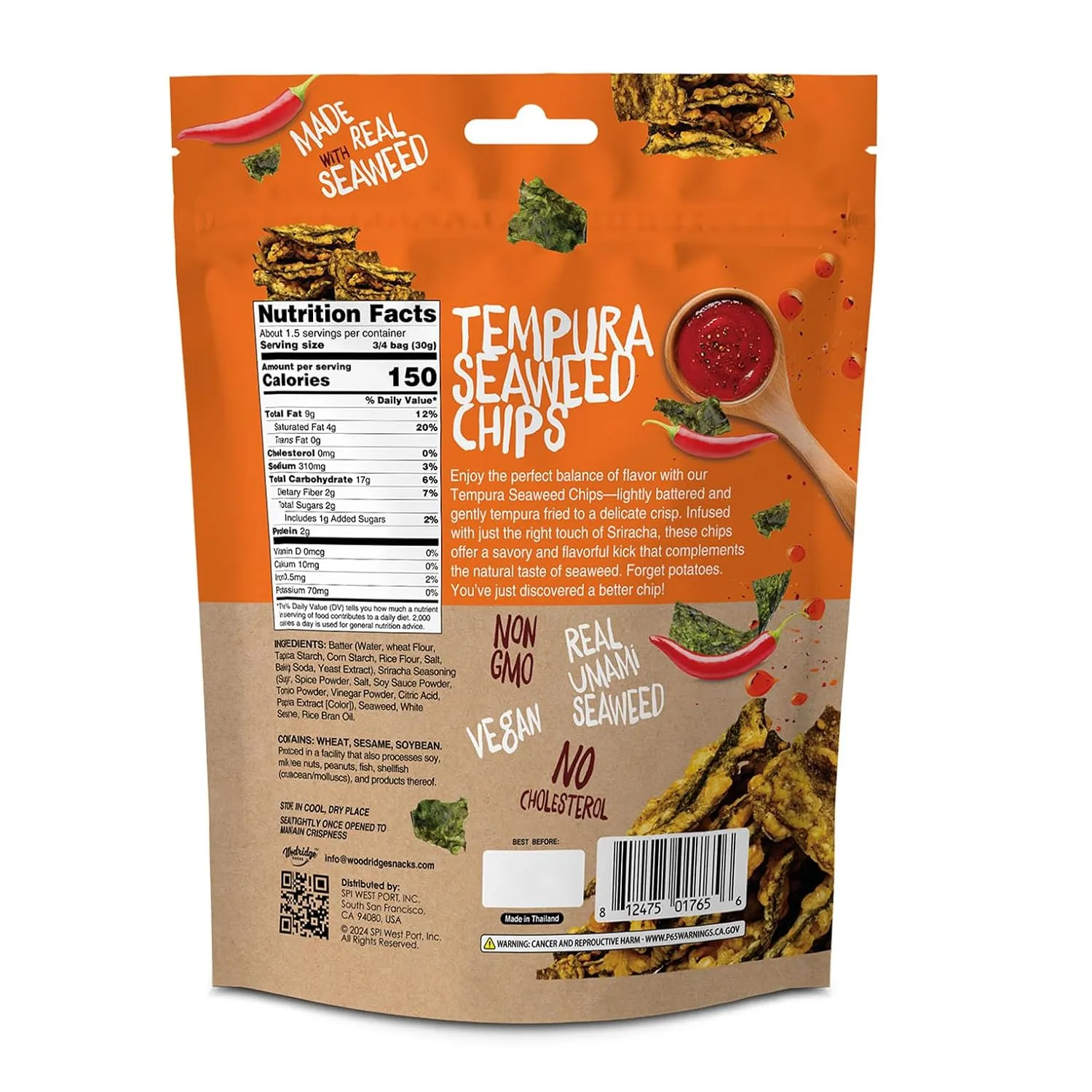 Woodridge Snacks | Tempura Seaweed Chips | Sriracha Flavor | 6 Pack | 1.41 OZ (40g) Bags