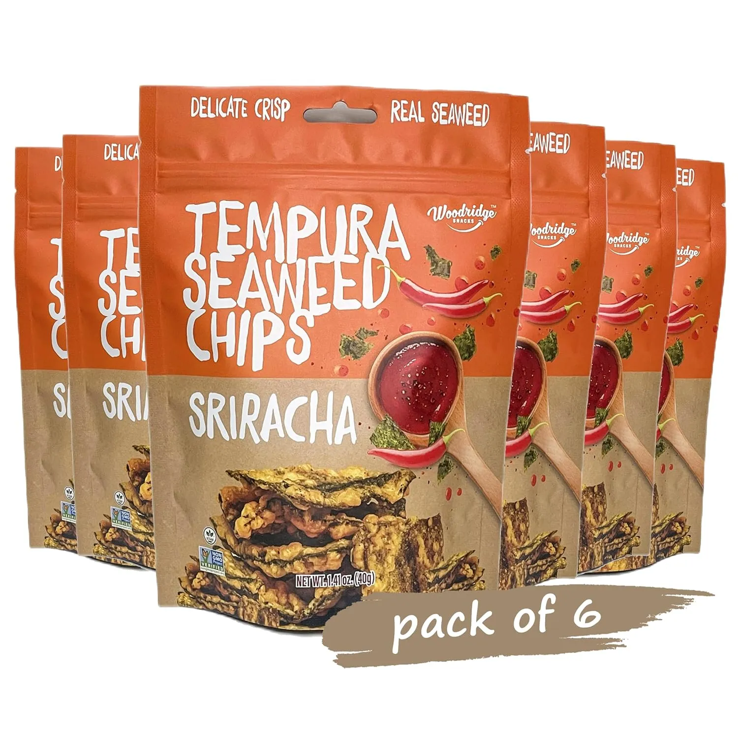 Woodridge Snacks | Tempura Seaweed Chips | Sriracha Flavor | 6 Pack | 1.41 OZ (40g) Bags