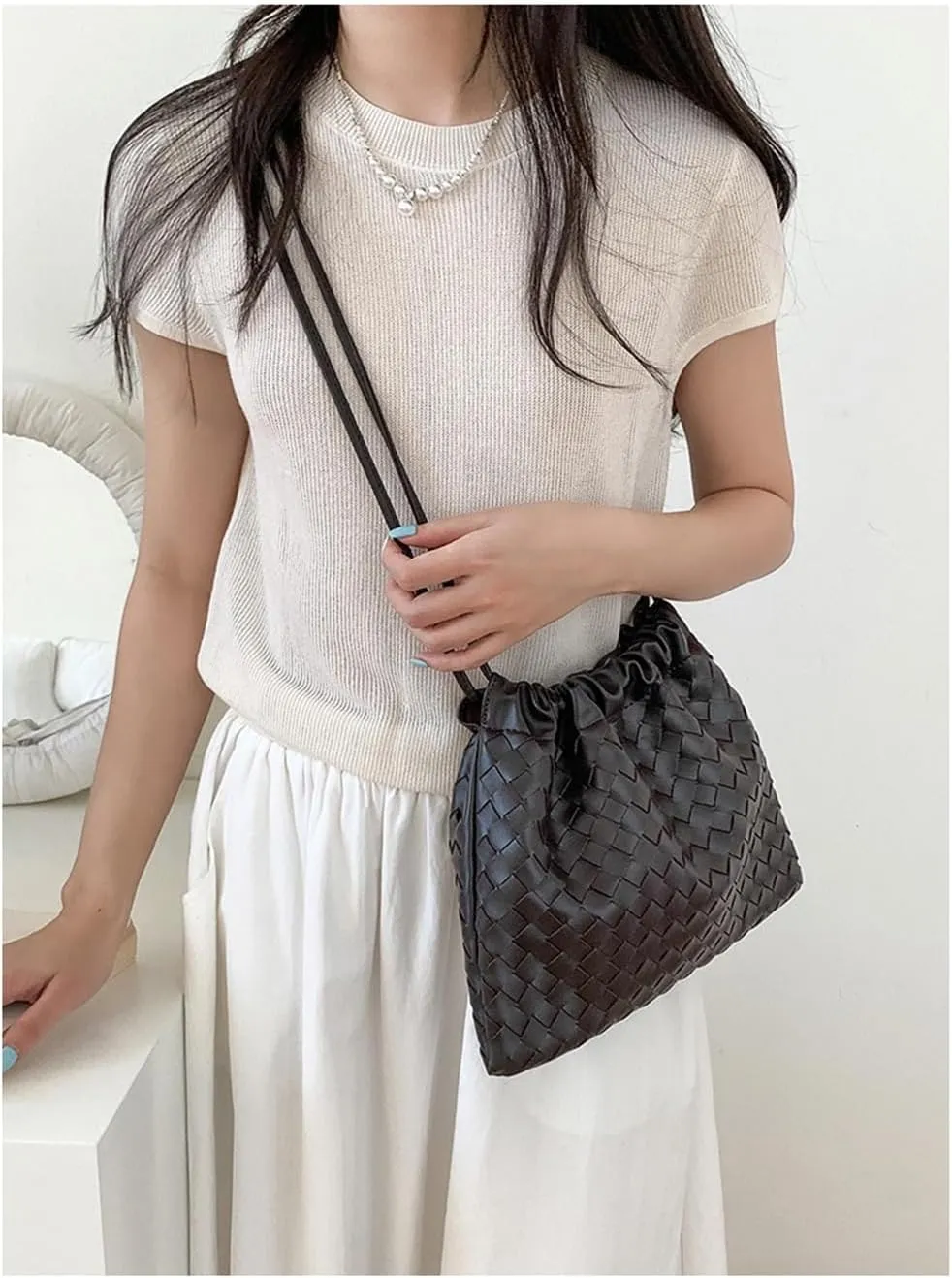 Woven Large Crossbody Bags for Women Trendy Soft Leather Shoulder Tote Purses