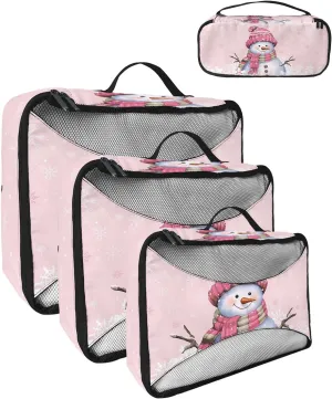 Xmas Smile Snowman with Hat Scarf 4 Set Packing Cubes, Winter Snowflake Pastoral Pink Packing Cubes for Carry on Suitcase Travel Essential Bag for Clothes Shoes Cosmetics Toiletry