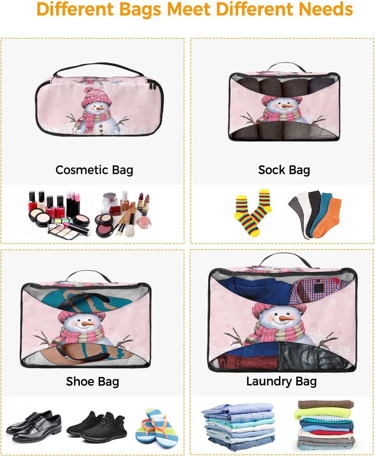 Xmas Smile Snowman with Hat Scarf 4 Set Packing Cubes, Winter Snowflake Pastoral Pink Packing Cubes for Carry on Suitcase Travel Essential Bag for Clothes Shoes Cosmetics Toiletry