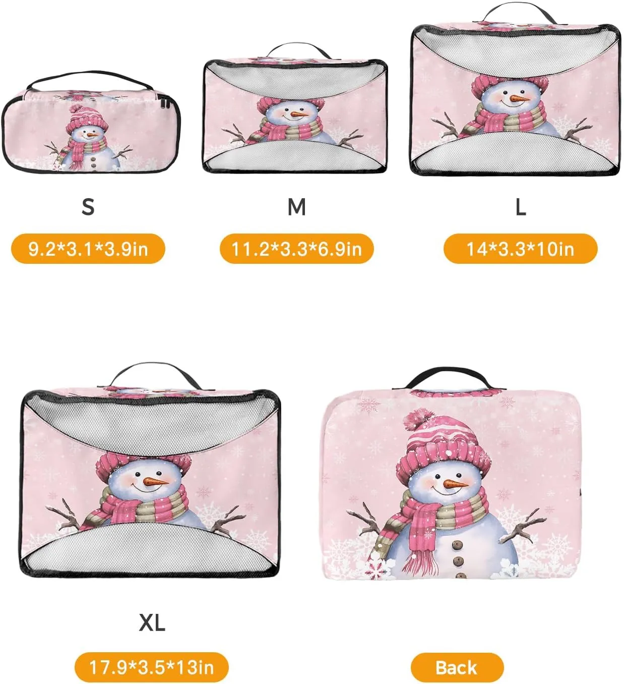 Xmas Smile Snowman with Hat Scarf 4 Set Packing Cubes, Winter Snowflake Pastoral Pink Packing Cubes for Carry on Suitcase Travel Essential Bag for Clothes Shoes Cosmetics Toiletry