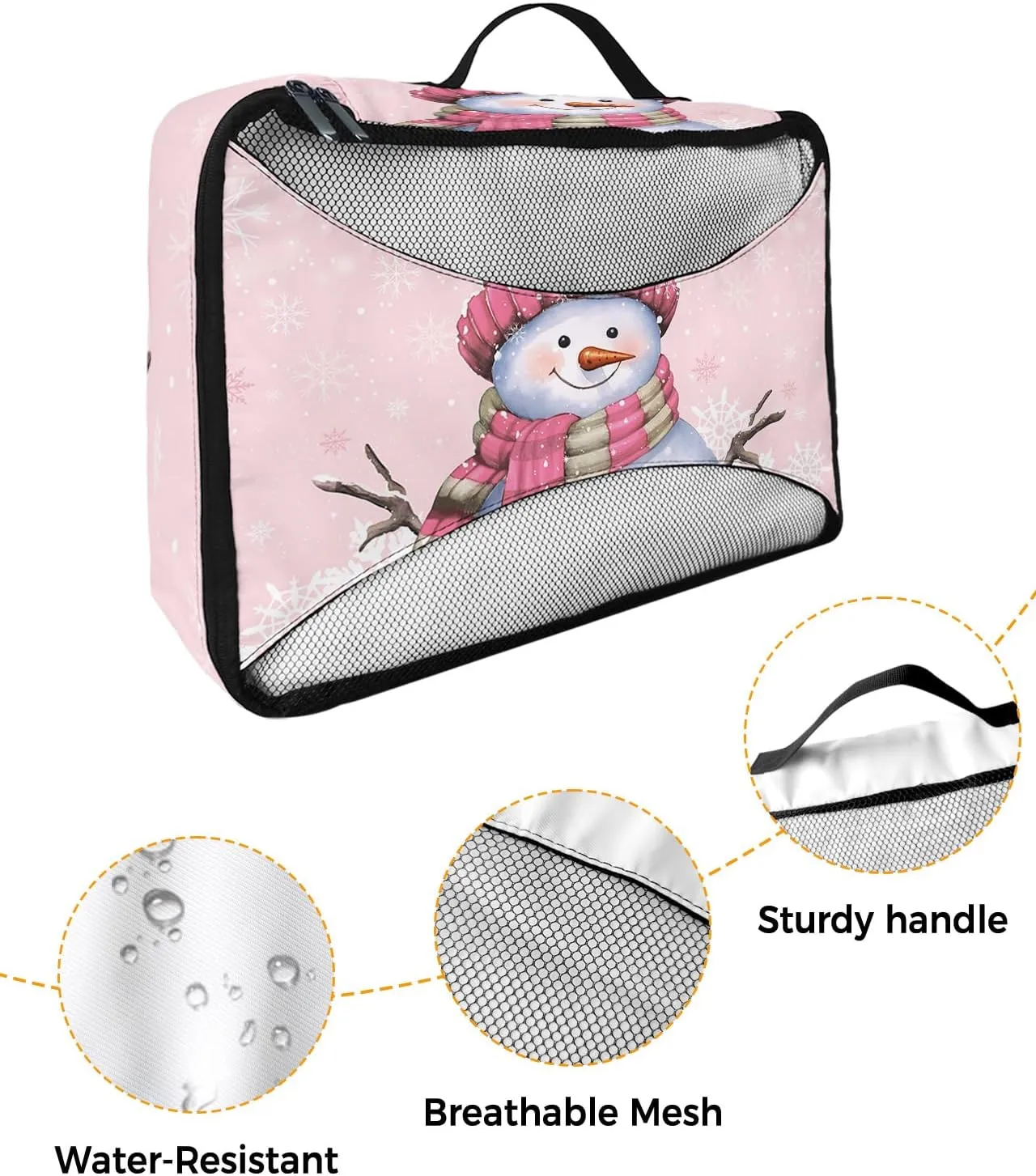 Xmas Smile Snowman with Hat Scarf 4 Set Packing Cubes, Winter Snowflake Pastoral Pink Packing Cubes for Carry on Suitcase Travel Essential Bag for Clothes Shoes Cosmetics Toiletry