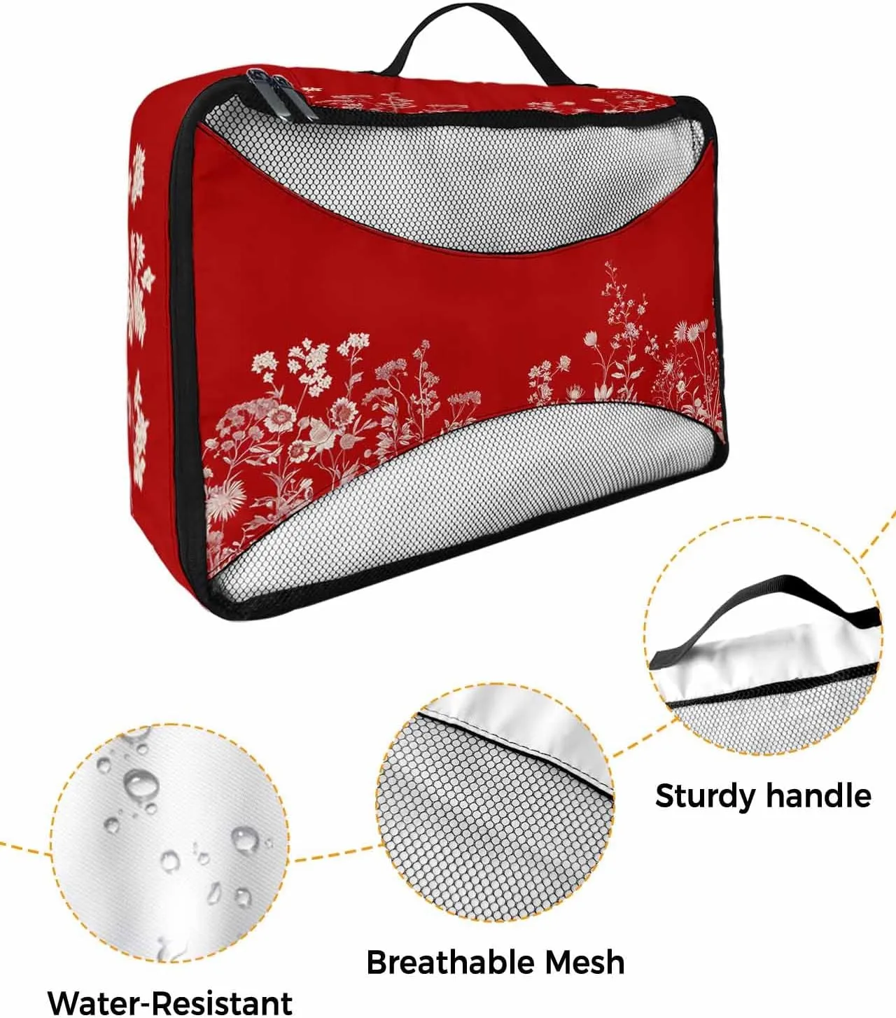 Xmas White Flowers Leaves on Red 4 Set Packing Cubes, Classic Floral Pastoral Botanical Packing Cubes for Carry on Suitcase Travel Essential Bag for Clothes Shoes Cosmetics Toiletry