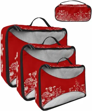 Xmas White Flowers Leaves on Red 4 Set Packing Cubes, Classic Floral Pastoral Botanical Packing Cubes for Carry on Suitcase Travel Essential Bag for Clothes Shoes Cosmetics Toiletry