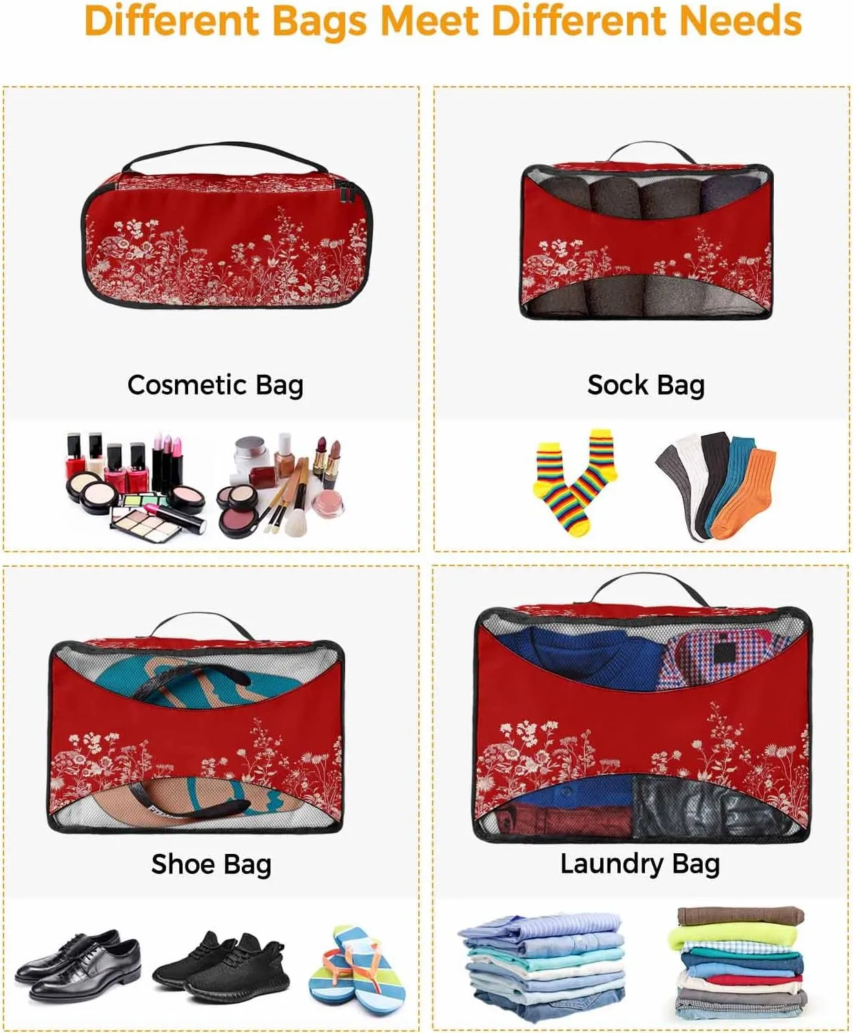 Xmas White Flowers Leaves on Red 4 Set Packing Cubes, Classic Floral Pastoral Botanical Packing Cubes for Carry on Suitcase Travel Essential Bag for Clothes Shoes Cosmetics Toiletry
