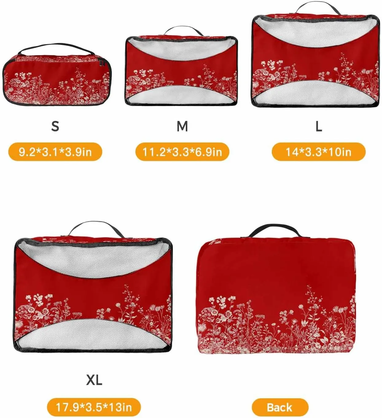 Xmas White Flowers Leaves on Red 4 Set Packing Cubes, Classic Floral Pastoral Botanical Packing Cubes for Carry on Suitcase Travel Essential Bag for Clothes Shoes Cosmetics Toiletry