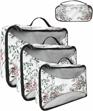 Xmas Winter Red Berries Leaves 4 Set Packing Cubes, Watercolor Pastoral White Packing Cubes for Carry on Suitcase Travel Essential Bag for Clothes Shoes Cosmetics Toiletry