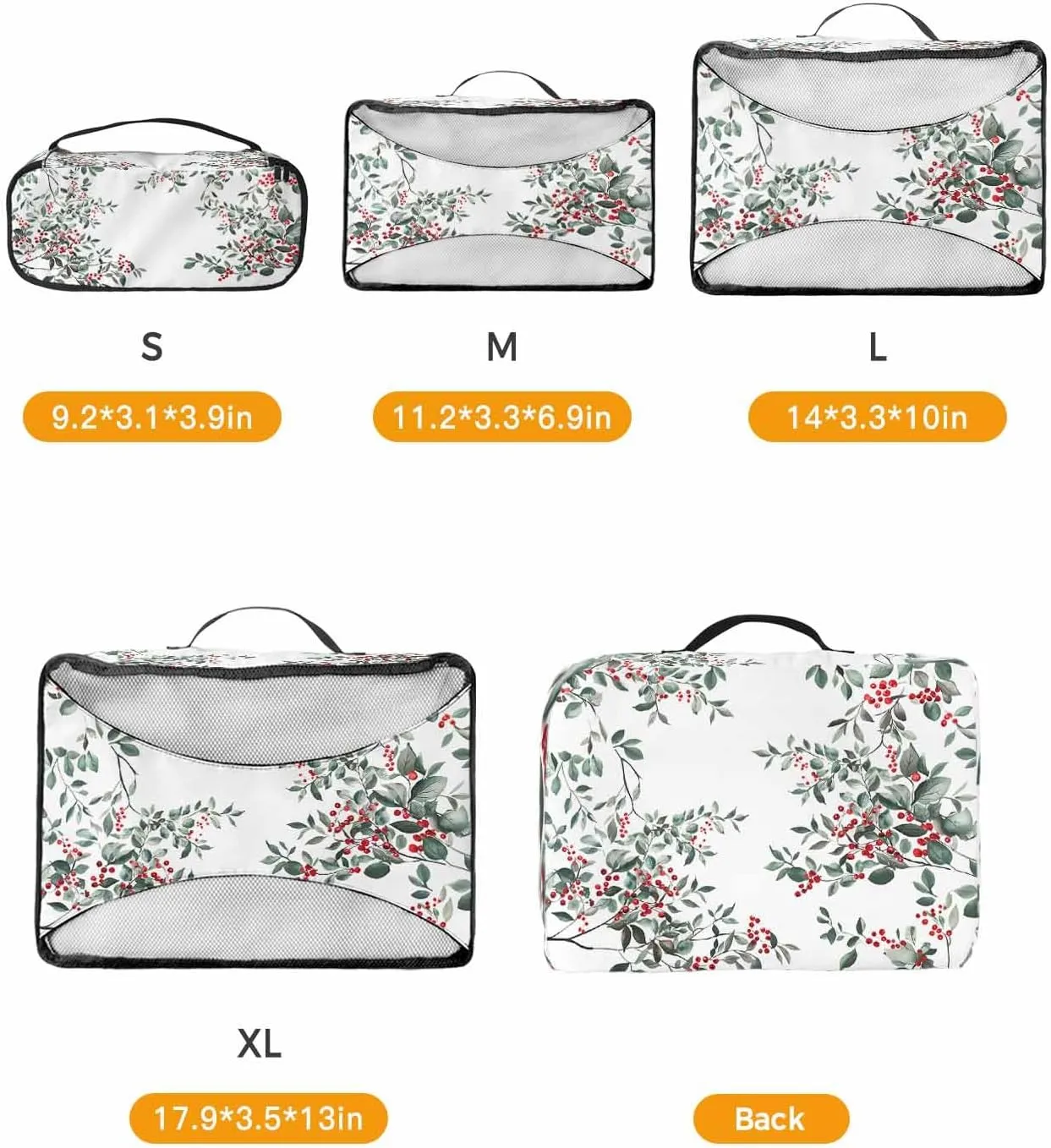 Xmas Winter Red Berries Leaves 4 Set Packing Cubes, Watercolor Pastoral White Packing Cubes for Carry on Suitcase Travel Essential Bag for Clothes Shoes Cosmetics Toiletry