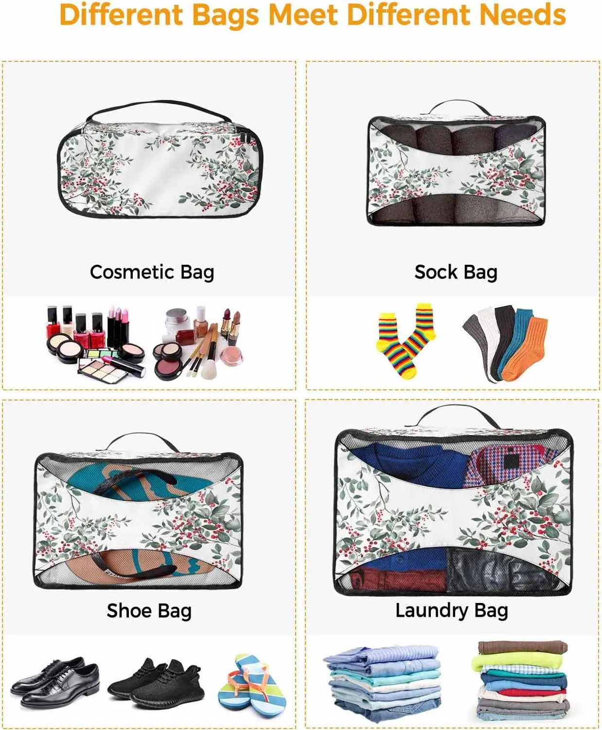 Xmas Winter Red Berries Leaves 4 Set Packing Cubes, Watercolor Pastoral White Packing Cubes for Carry on Suitcase Travel Essential Bag for Clothes Shoes Cosmetics Toiletry