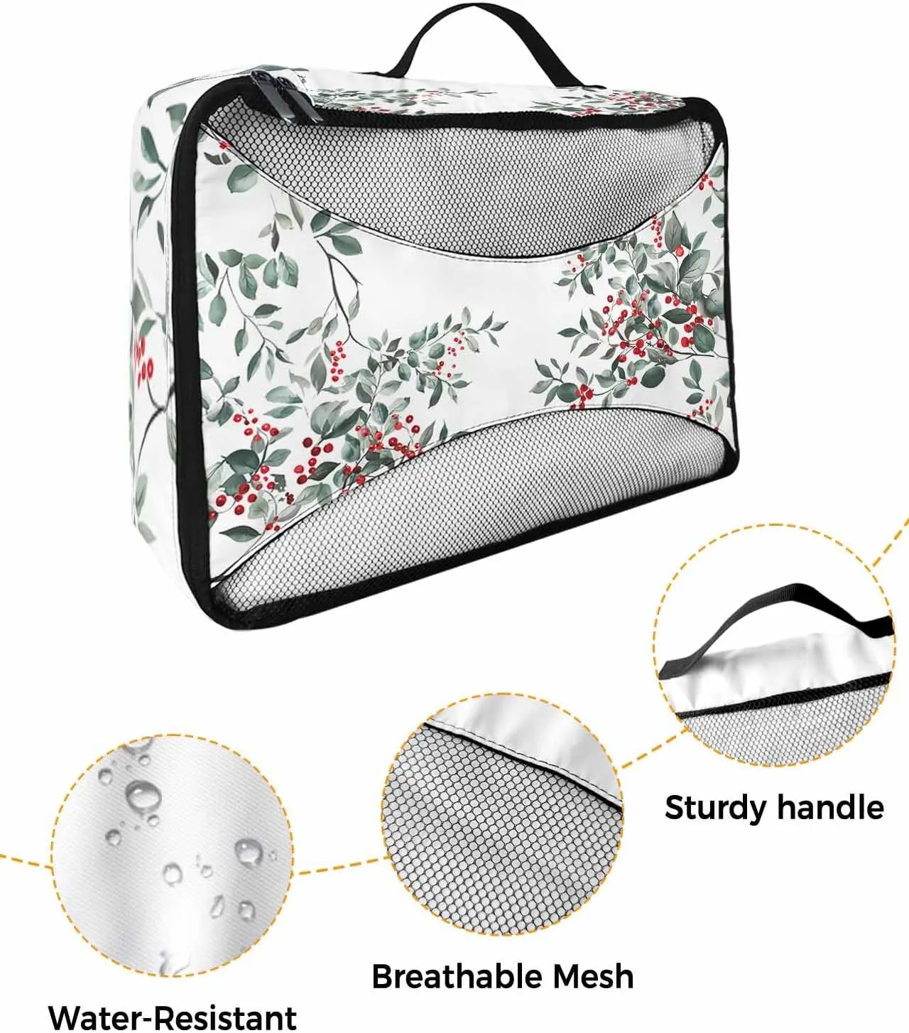 Xmas Winter Red Berries Leaves 4 Set Packing Cubes, Watercolor Pastoral White Packing Cubes for Carry on Suitcase Travel Essential Bag for Clothes Shoes Cosmetics Toiletry