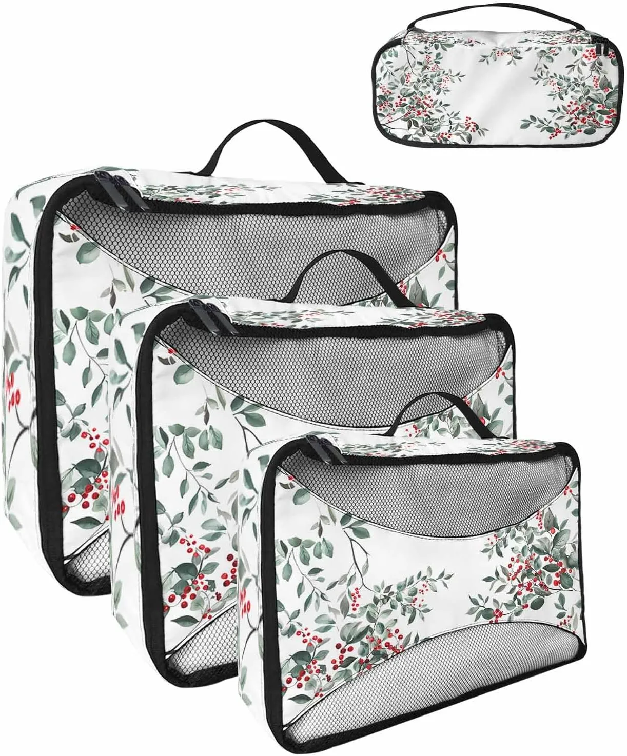 Xmas Winter Red Berries Leaves 4 Set Packing Cubes, Watercolor Pastoral White Packing Cubes for Carry on Suitcase Travel Essential Bag for Clothes Shoes Cosmetics Toiletry