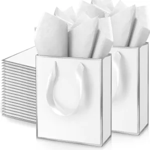 Yeaqee 50 Pack Metallic Gift Bags with Handle and Tissue Paper for Wedding Graduation Holiday Bridesmaid Thank You 5 Senses Gift Bag for Her Him Birthday 9 x 7 x 3.15''(White and Silver)
