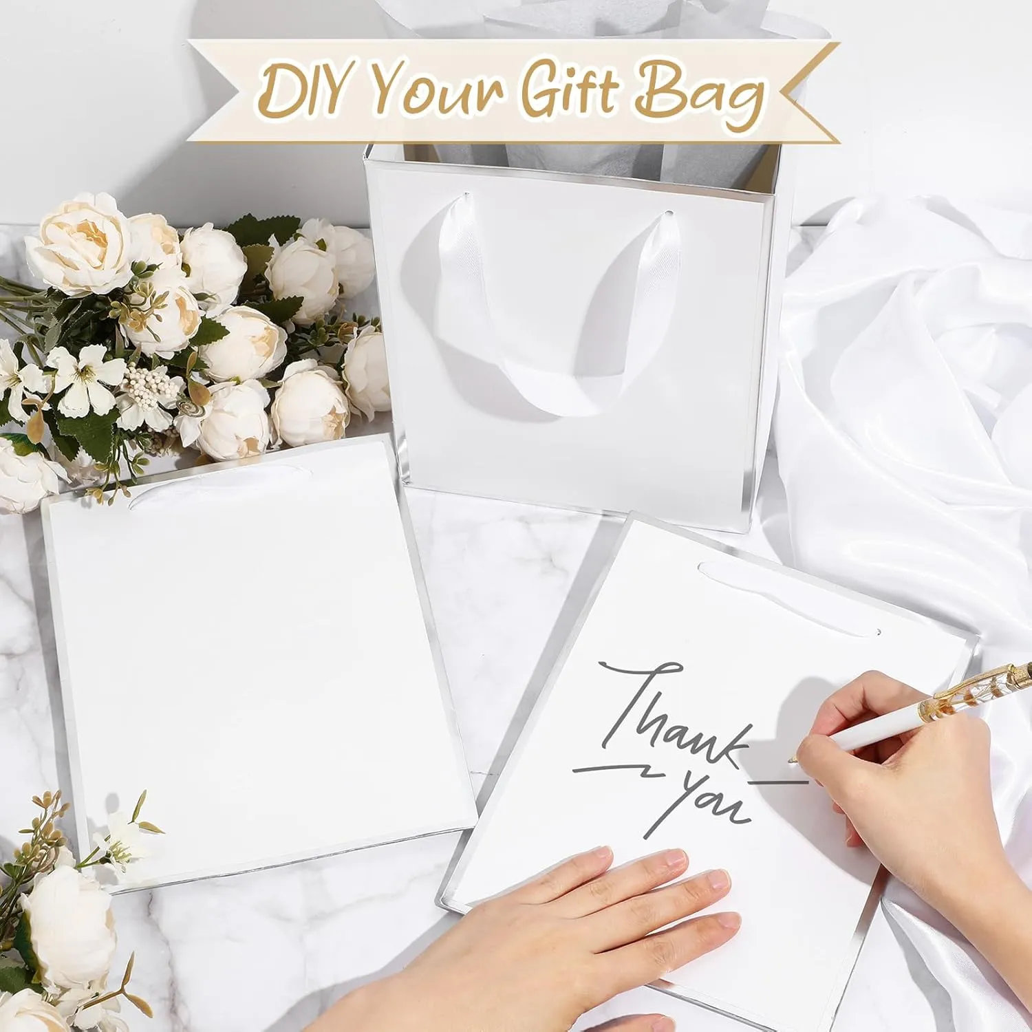 Yeaqee 50 Pack Metallic Gift Bags with Handle and Tissue Paper for Wedding Graduation Holiday Bridesmaid Thank You 5 Senses Gift Bag for Her Him Birthday 9 x 7 x 3.15''(White and Silver)