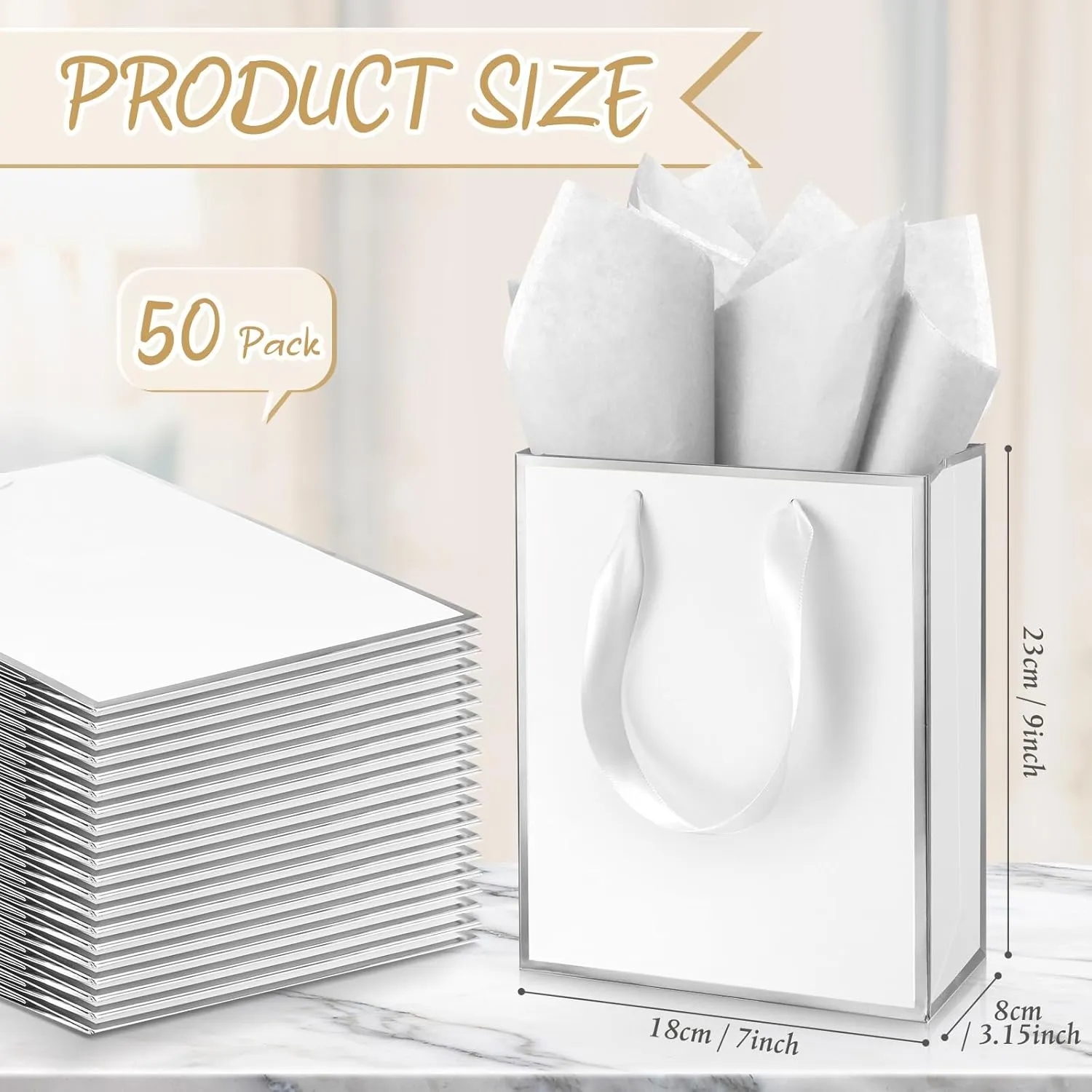 Yeaqee 50 Pack Metallic Gift Bags with Handle and Tissue Paper for Wedding Graduation Holiday Bridesmaid Thank You 5 Senses Gift Bag for Her Him Birthday 9 x 7 x 3.15''(White and Silver)